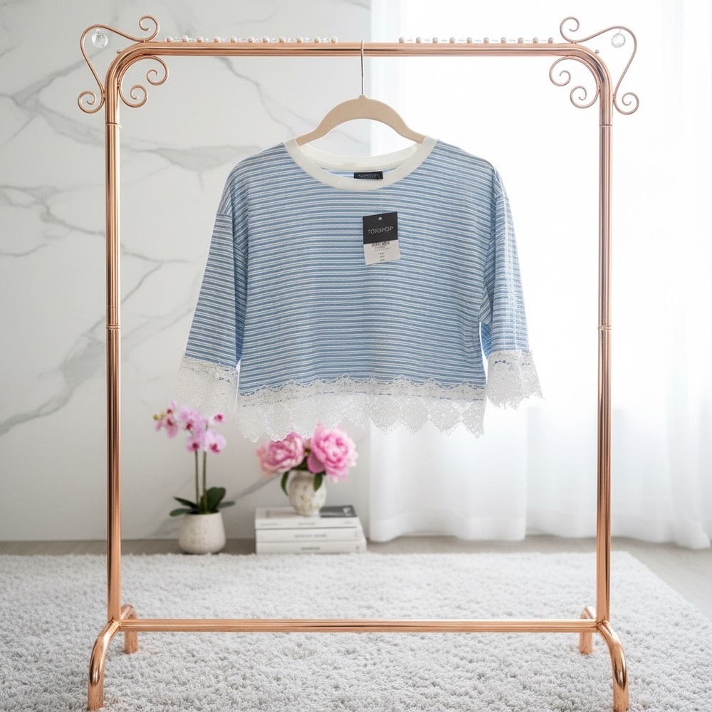 Topshop Blue White Stripe Lace Hem Crop Top NWT Size 6 - Picture 5 of 8
